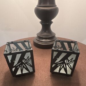 Layner's Bamboo Black Metal Frosted Glass Votive Candle Holders Set of 2